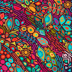 Naklejka premium Seamless pattern with abstract botanical ethnic ornaments, florals and leaves. Handdrawn ornament lace backdrop.Floral oriental textile, fabric. Vector background - Vector