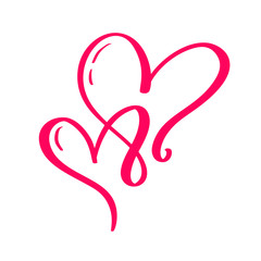 Couple monoline Red Vector Valentines Day Hand Drawn Calligraphic two Hearts. Calligraphy lettering illustration. Holiday Design element valentine. Icon love decor for web, wedding and print. Isolated