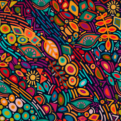 Seamless pattern with abstract botanical ethnic ornaments, florals and leaves. Handdrawn ornament lace backdrop.Floral oriental textile, fabric. Vector background - Vector