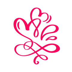 Couple monoline Red Vector Valentines Day Hand Drawn Calligraphic two Hearts. Calligraphy lettering illustration. Holiday Design element valentine. Icon love decor for web, wedding and print. Isolated