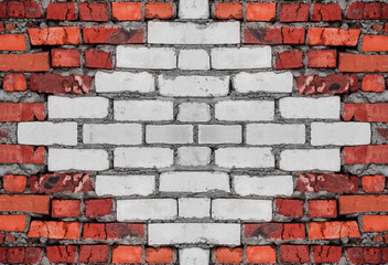 Red and white old worn brick wall with concrete texture background