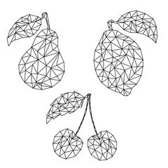 Pear, lemon and cherry in low poly triangular style vector