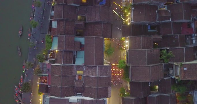 Aerial view of Hoi An old town in night with light. Royalty high-quality free stock video footage of Hoi An old town. Hoi An is UNESCO world heritage, one of the most popular destinations in Vietnam