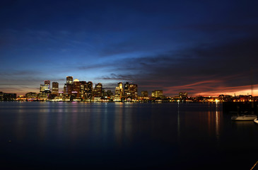 Fototapeta na wymiar Boston City Skyscrapers, Custom House and Boston Waterfront at night from East Boston, Boston, Massachusetts, USA 