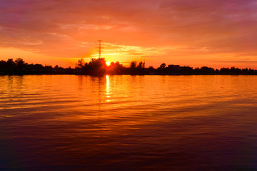 Kostroma river at sunset in summer.Kostroma, Russia.