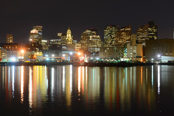Boston City Skyscrapers, Custom House and Boston Waterfront at night from East Boston, Boston, Massachusetts, USA 