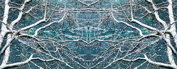 blue river and winter forest landscape with white snow on branches