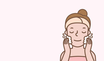 Washing face woman cartoon action half body banner  illustration vector on pink background. Beauty concept.
