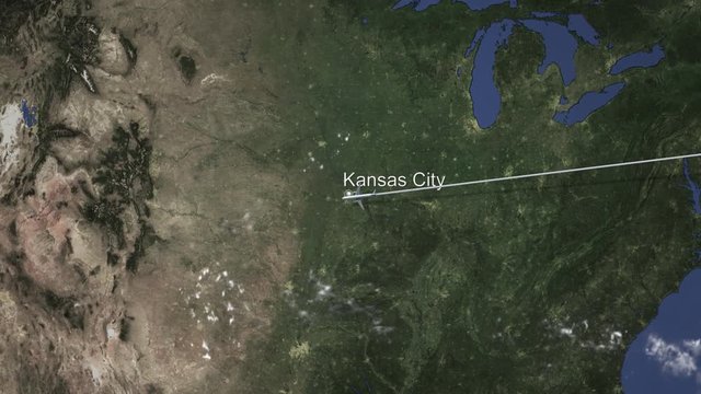 Route of a commercial plane flying to Kansas city, United States on the map, 3D animation 