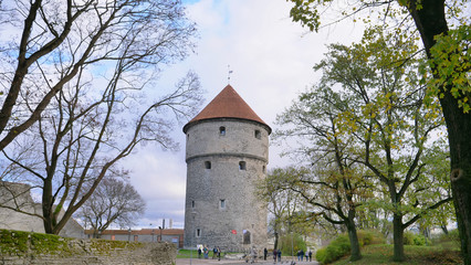 Retro vintage architecture six-story artillery tower in Historic Centre Old Town of Tallinn, Estonia