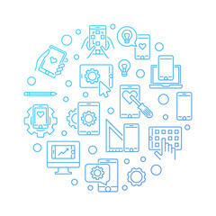 Fototapeta na wymiar Mobile Application Development vector round blue concept outline illustration on white background