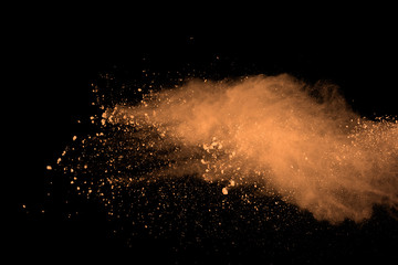 Fototapeta na wymiar abstract brown powder splatted background. Colorful powder explosion on black background. Colored cloud. Colorful dust explode. Paint Holi.