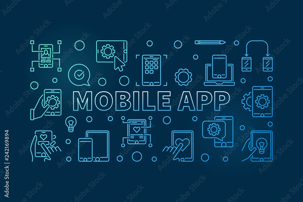 Poster mobile app vector blue concept horizontal illustration made of smartphone and computer thin line ico