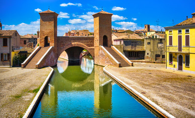 Comacchio, Tre Ponti or Trepponti three way bridge. Ferrara, Emilia Romagna Italy - obrazy, fototapety, plakaty