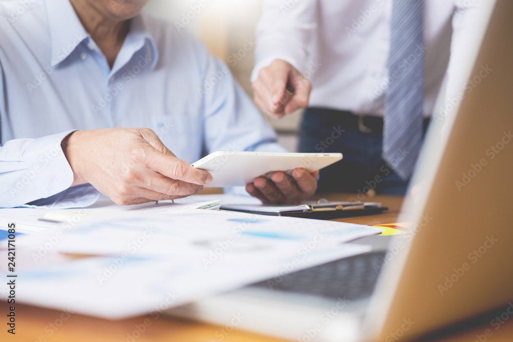 Poster business team data analyzing income charts document during discussion explain strategy meeting. on s