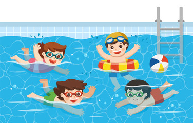 Obraz na płótnie Canvas Cheerful and active Kids swimming in the swimming pool. Sport Team. Vector illustration.