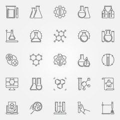 Chemistry outline icons set. Chemical engineering, flask, molecule, laboratory vector linear signs or design elements