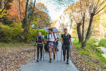 Obraz premium Friends with backpacks walking outdoor together, trekking and tourism