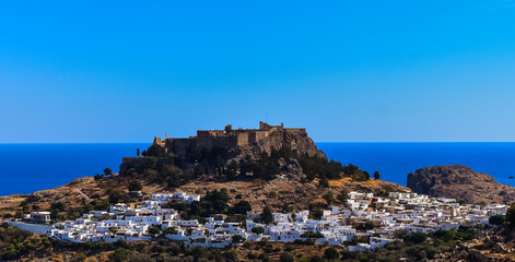 LINDOS,RHODES/GREECE OCTOBER 3 2018 :THE Acropolis of lindos.photo taken from the hill before the...