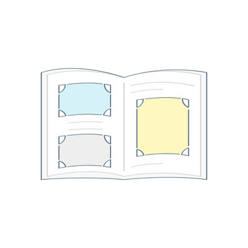 Open photo album pages with photo frames, photos with corners. Outline isolated vector illustration on white.