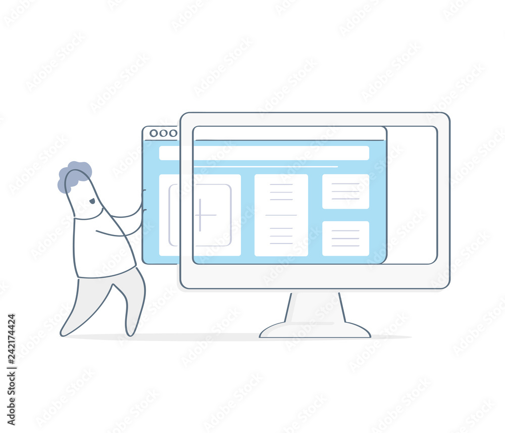 Poster new website template launch, ux ui design updates, changing website design. outline cartoon man uplo