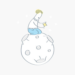 Cartoon man sitting alone in outer space on the moon and holding a small star in hands. Dreamer, exploring the new world, dream search, science isolated vector illustration