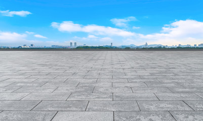 Empty Plaza Floor Bricks and Beautiful Natural Landscape..