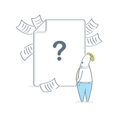 File not found, missing result, 502 or 404 error concept. Cartoon man do not understand what happened and looking at empty page with question mark. Isolated vector illustration on white