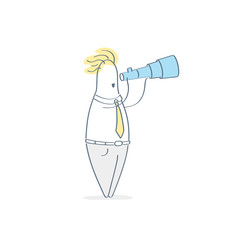 Cartoon businessman looking through spyglass or telescope, looking for success, opportunities, future business trends, business strategy