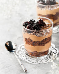 Chocolate layered dessert in a  glass with blackberries on grey background