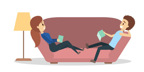 Couple lying on the couch and read book.
