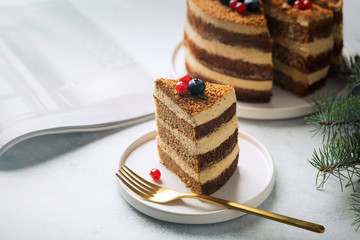 A piece of cake. Healthy food. White stone background Top view Copy space. Selective focus