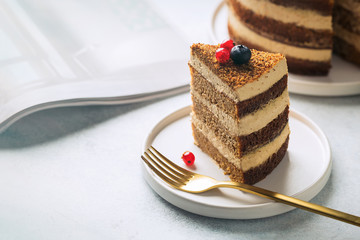 A piece of cake. Healthy food. White stone background Top view Copy space. Selective focus