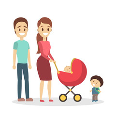 Family walking with child and baby stroller.
