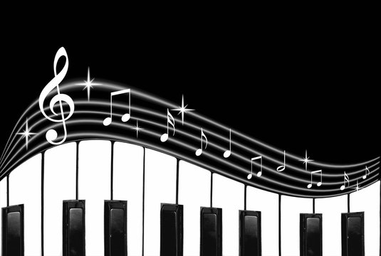 Fondo musical, teclado, piano, notas musicales sobre fondo negro.  ilustración de Stock | Adobe Stock