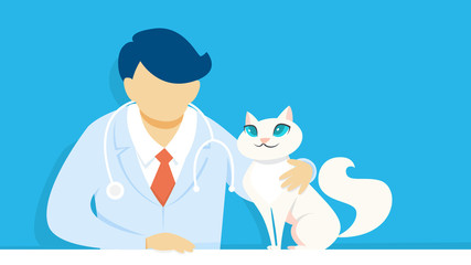 Veterinarian in uniform holding a pet cat.