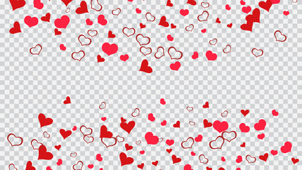 Red hearts of confetti are flying. Festive background. Red on Transparent background Vector. The idea of wallpaper design, textiles, packaging, printing, holiday invitation for Valentine's Day.