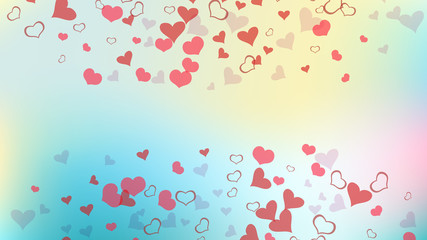 Red hearts of confetti are falling. Stylish background. Red on Gradient fond Vector. Part of the design of wallpaper, textiles, packaging, printing, holiday invitation for wedding.