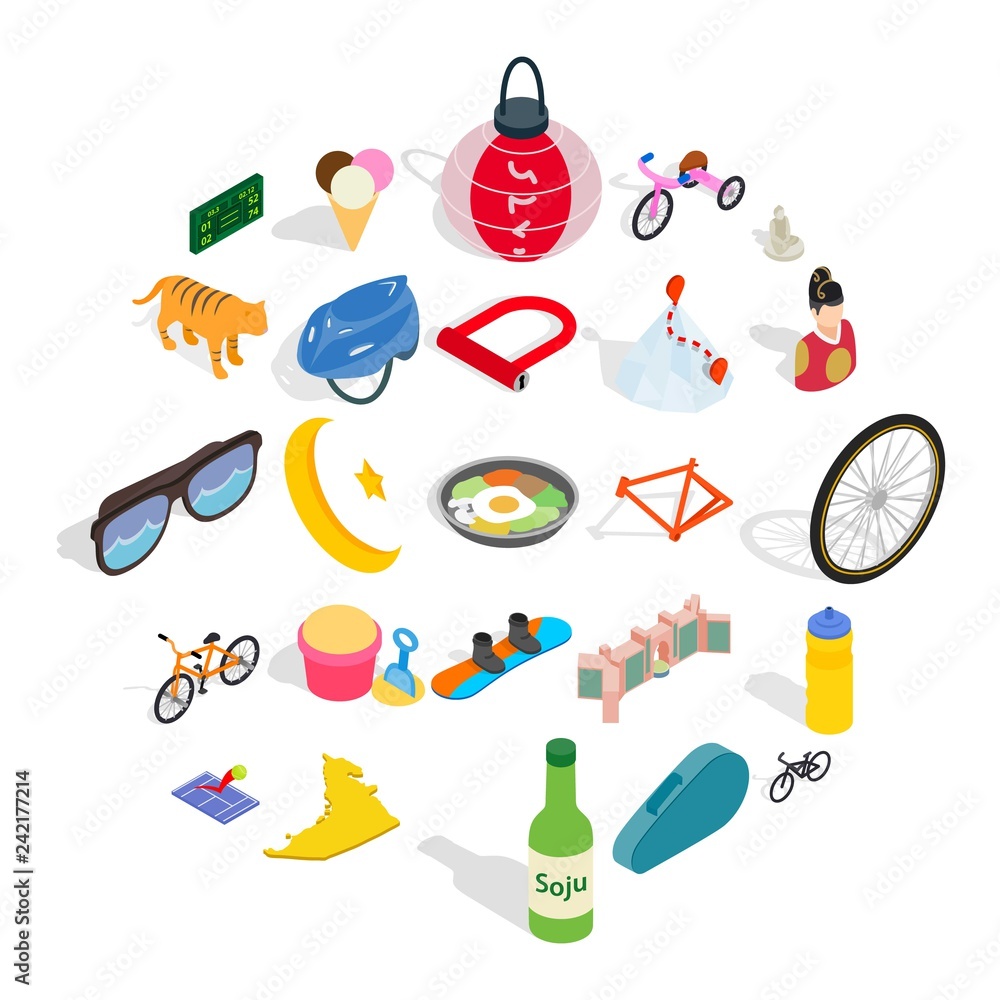 Poster active life icons set. isometric set of 25 active life vector icons for web isolated on white backgr