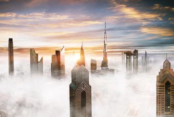 Lichtdoorlatende gordijnen Burj Khalifa Dubai sunset panoramic view of downtown.