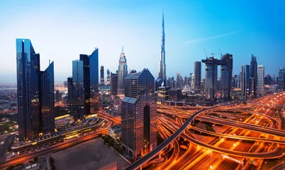 Foto op Plexiglas Dubai zonsondergang panoramisch uitzicht op het centrum © Jag_cz