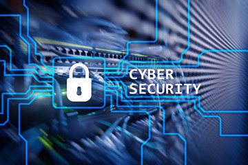 Cyber security, information privacy and data protection concept on server room background.