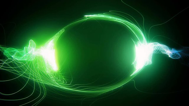 Abstract green cyan futuristic sci-fi plasma circular form. 3D animation of shining energy force field light strokes waving on a ring motion path for logo or text. Seamless 4K loop with alpha matte