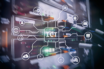 ICT - information and communications technology concept on server room background.