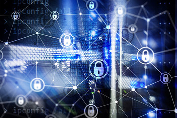 Cyber security, information privacy, data protection concept on modern server room background. Internet and digital technology concept