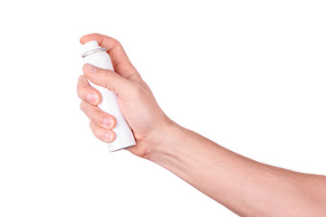 mans hand holding an spray isolated on white background