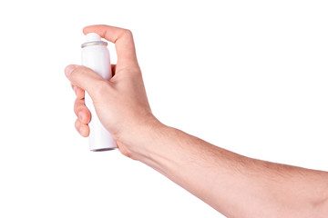 mans hand holding an spray isolated on white background