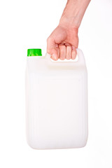 plastic canister in hand on white background