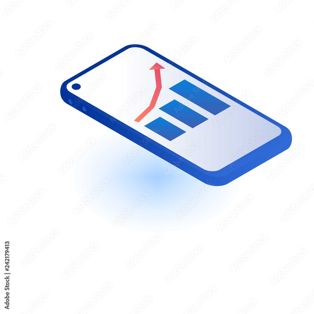 Poster graph on smartphone icon. isometric of graph on smartphone vector icon for web design isolated on wh