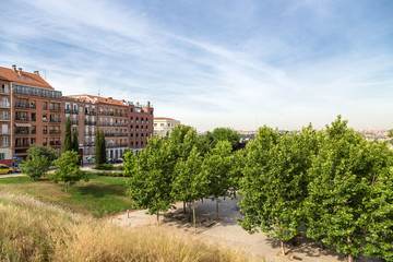 Fototapeta na wymiar Madrid, Spain. View of the park (Parque de la Cornisa) near the monastery of San Francisco.